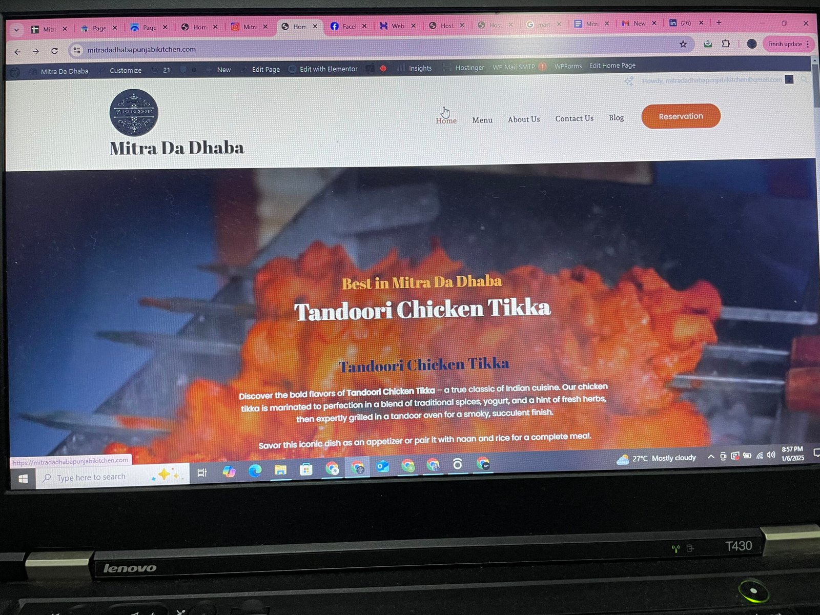 Mitra Da Dhaba reservation page showcasing table booking section and featured dish Tandoori Chicken Tikka with Punjabi restaurant branding.
