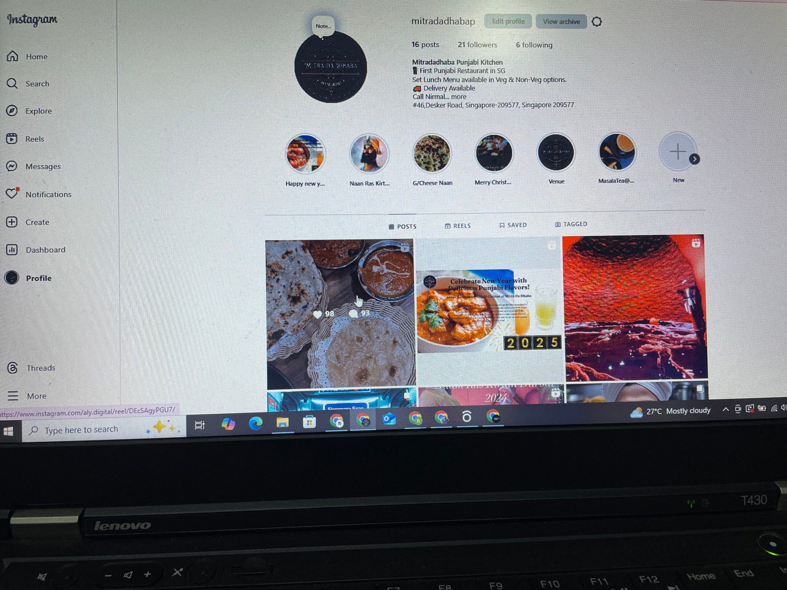 Mitra Da Dhaba Instagram profile showcasing restaurant branding, food photography, and social media marketing presence.