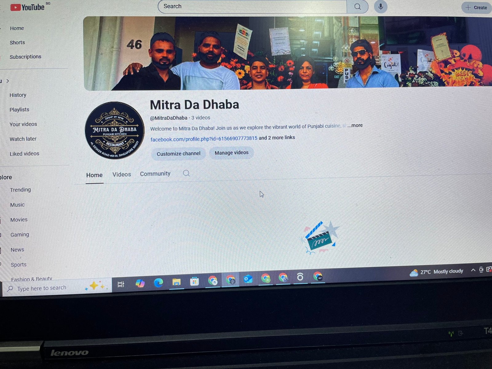 Mitra Da Dhaba YouTube channel setup showcasing restaurant video branding, food content marketing, and digital presence on YouTube.