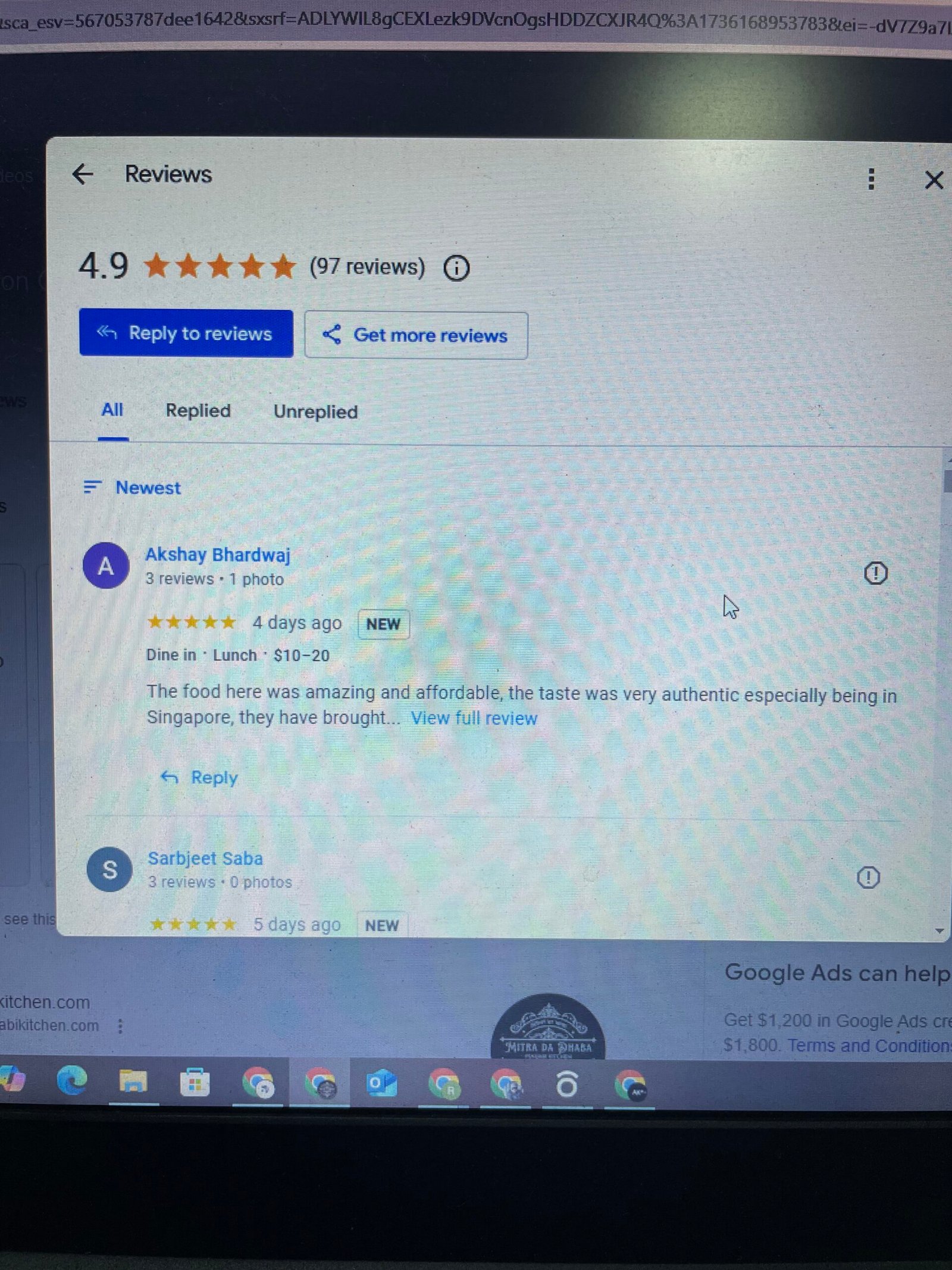 Mitra Da Dhaba Google Business Profile showing 4.9 star rating with 97 customer reviews for restaurant online reputation and local SEO growth