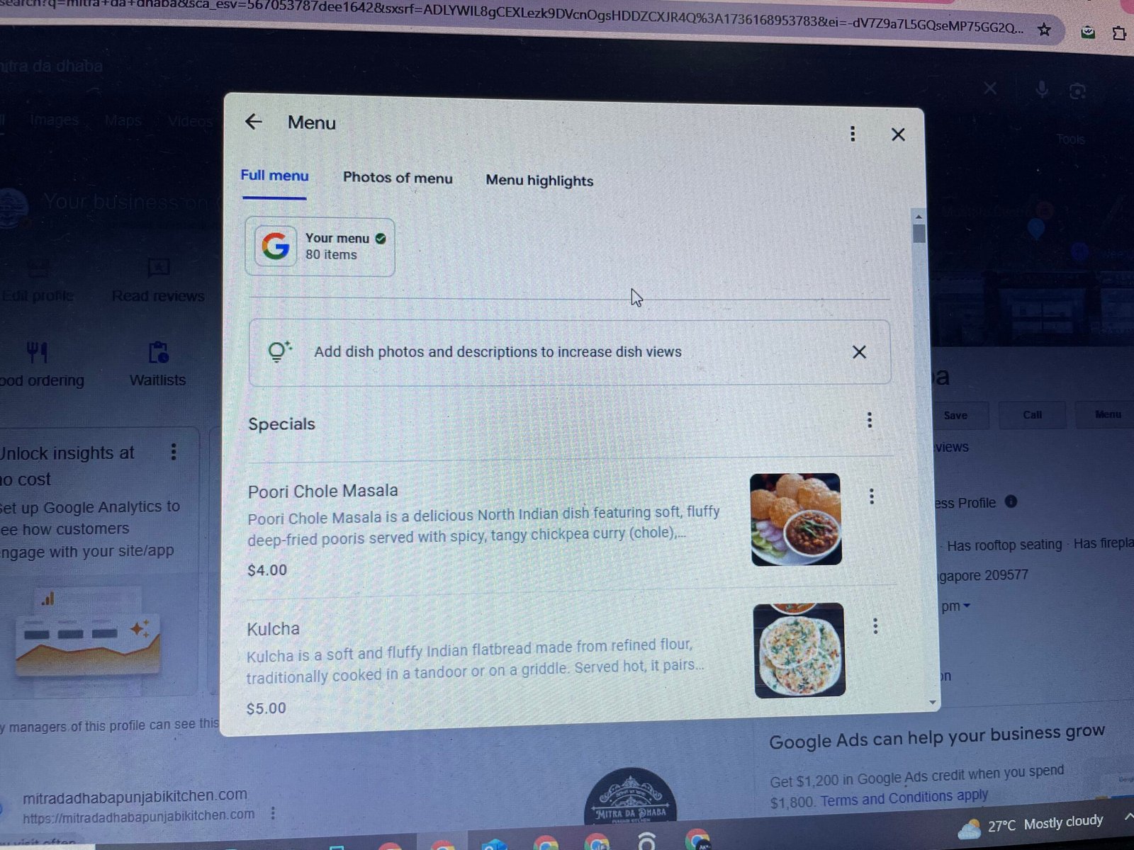 Mitra Da Dhaba Google Business Profile showing full restaurant menu setup with 80 food items for better customer experience and online visibility